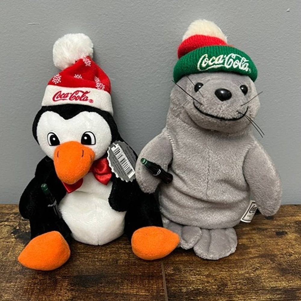 Vintage Coca-Cola Plush Set 1997 Penguin 1998 Seal Christmas Bean Bag Toy Lot